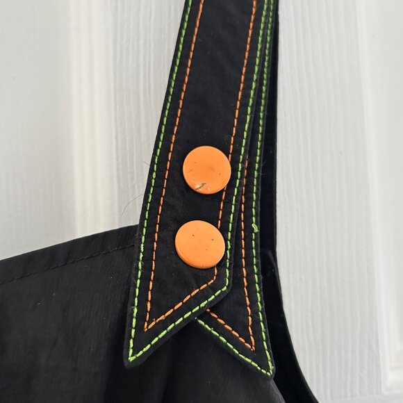 Unique black pinafore dress with orange and green stitching, ribbons & buttons - Picture 10 of 10